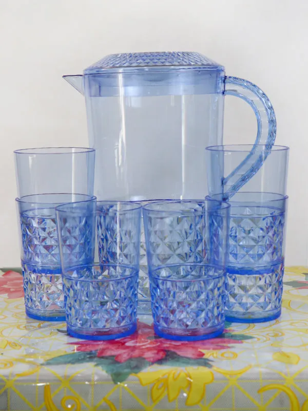 03 Plastic Novel Jug with 6 Glass Set of 7 Blue