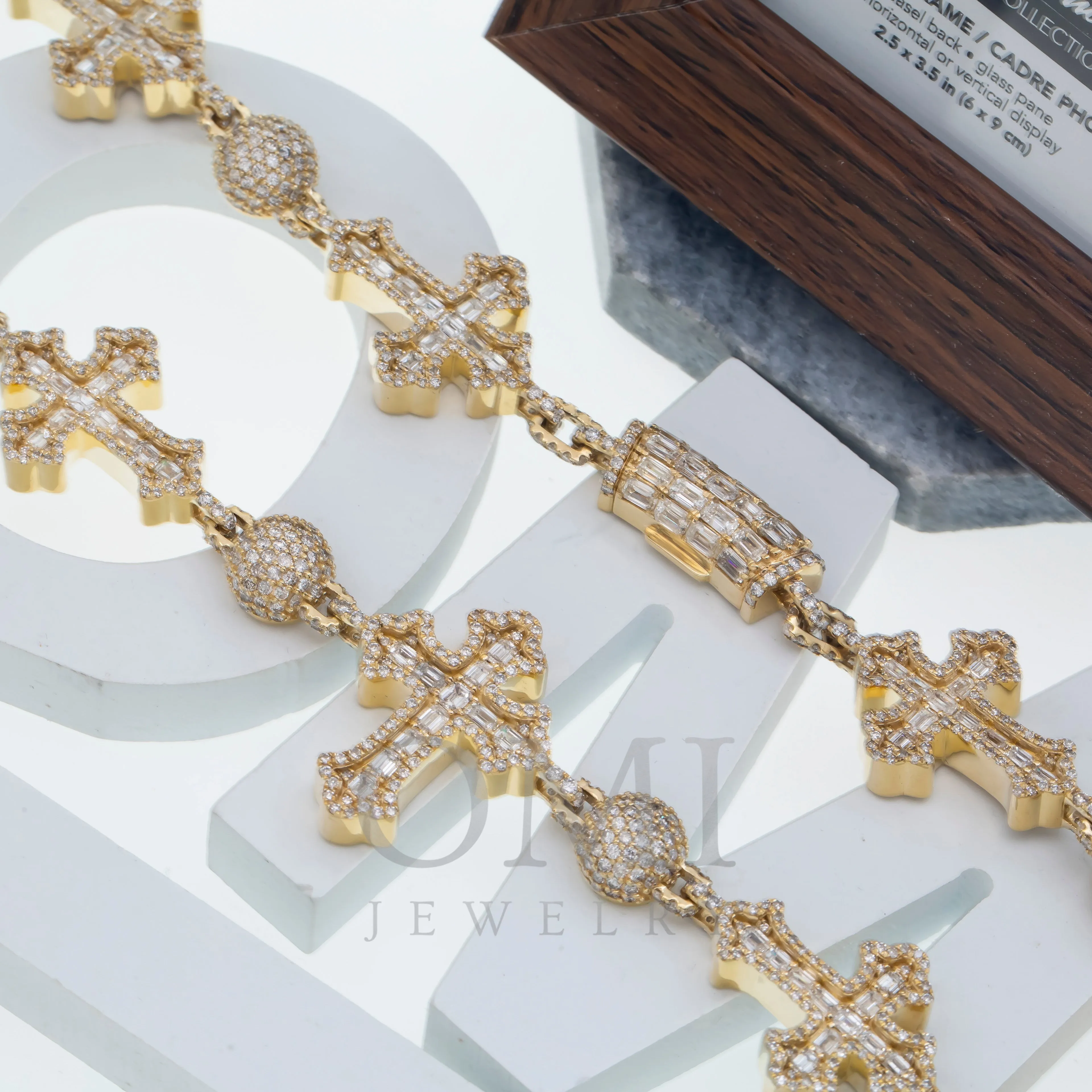 10K GOLD 10.9MM BAGUETTE DIAMOND CROSS BALL CHAIN 38.14 CT