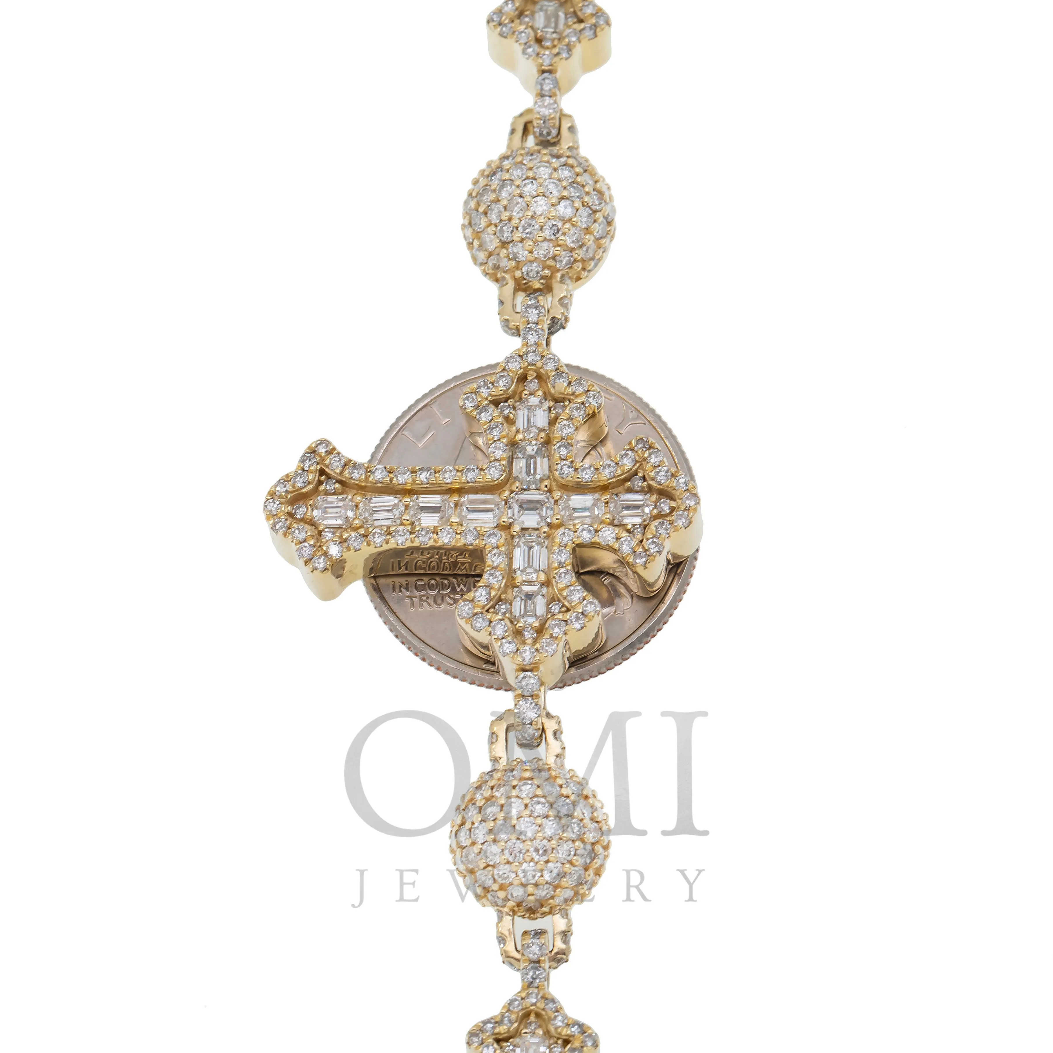 10K GOLD 10.9MM BAGUETTE DIAMOND CROSS BALL CHAIN 38.14 CT