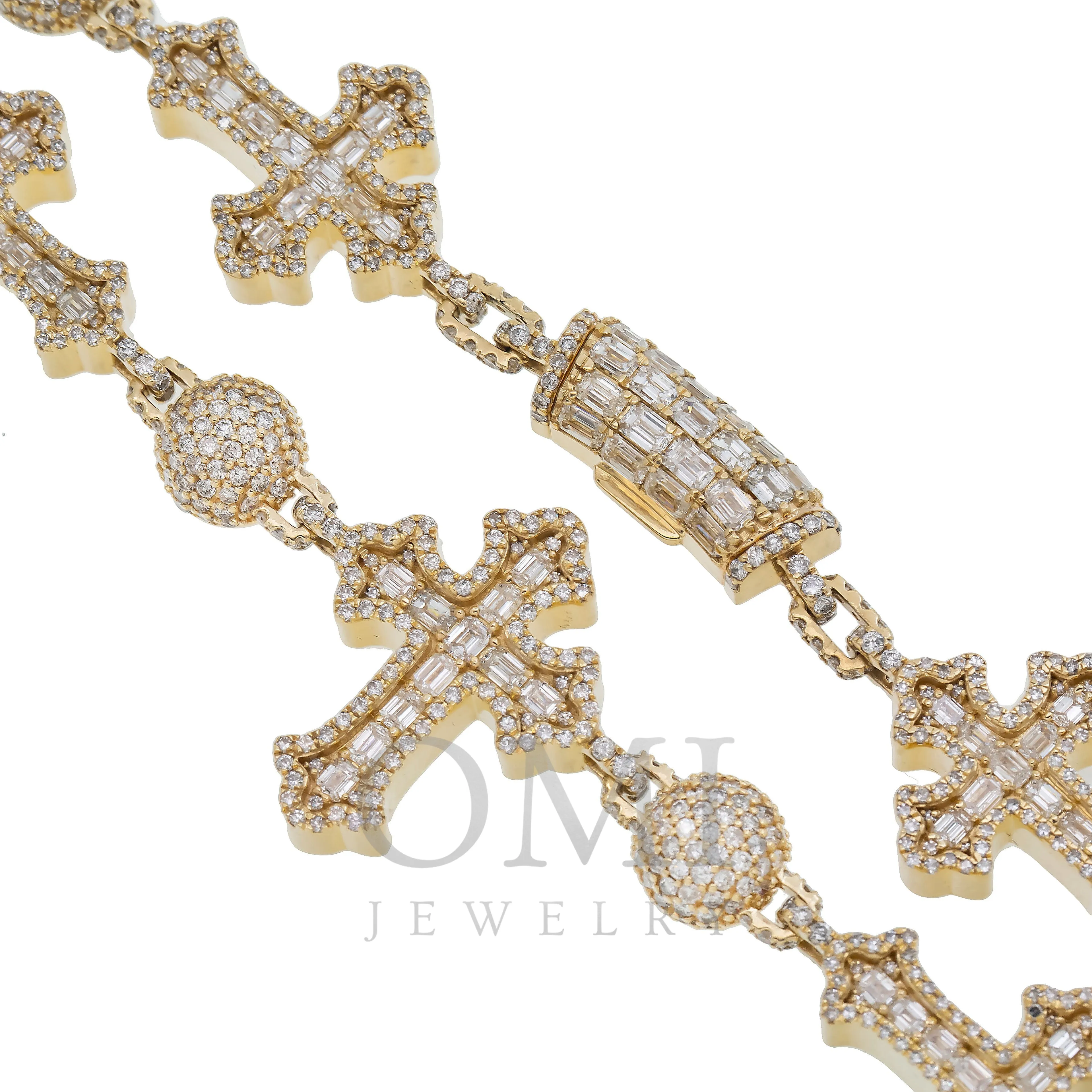 10K GOLD 10.9MM BAGUETTE DIAMOND CROSS BALL CHAIN 38.14 CT