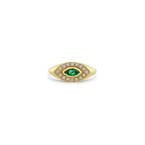 14k Marquise Emerald & Diamond Halo Signet Ring