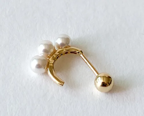 14K Solid Gold Curved Line Hoop Pearl Tragus Cartilage Helix Conch Earring Barbell Piercing Stud