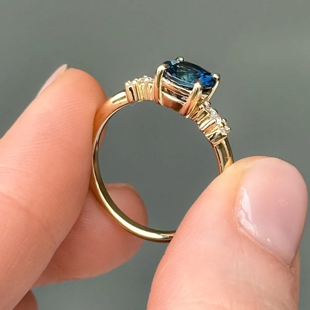 1.62ct Ocean Blue Madagascar Sapphire and Diamond Starry Night Low Profile Solitaire in 14k Yellow Gold