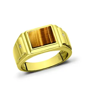 18k Yellow Gold Plated Men's 2 Diamond ,Tiger's Eye Ring