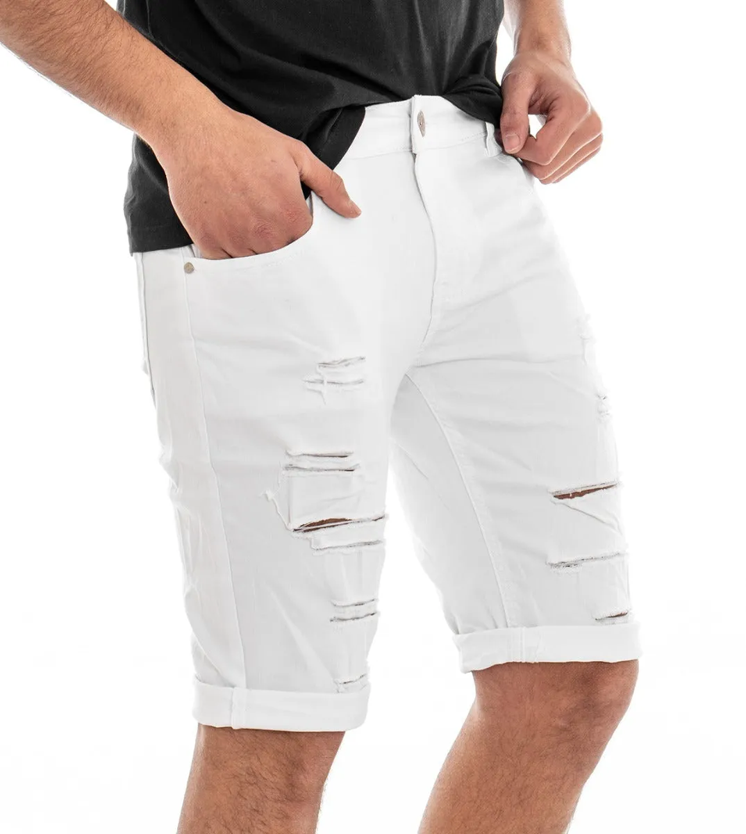 Bermuda Pantaloncino Uomo Cinque Tasche Bianco Slim Rotture GIOSAL-PC1304A