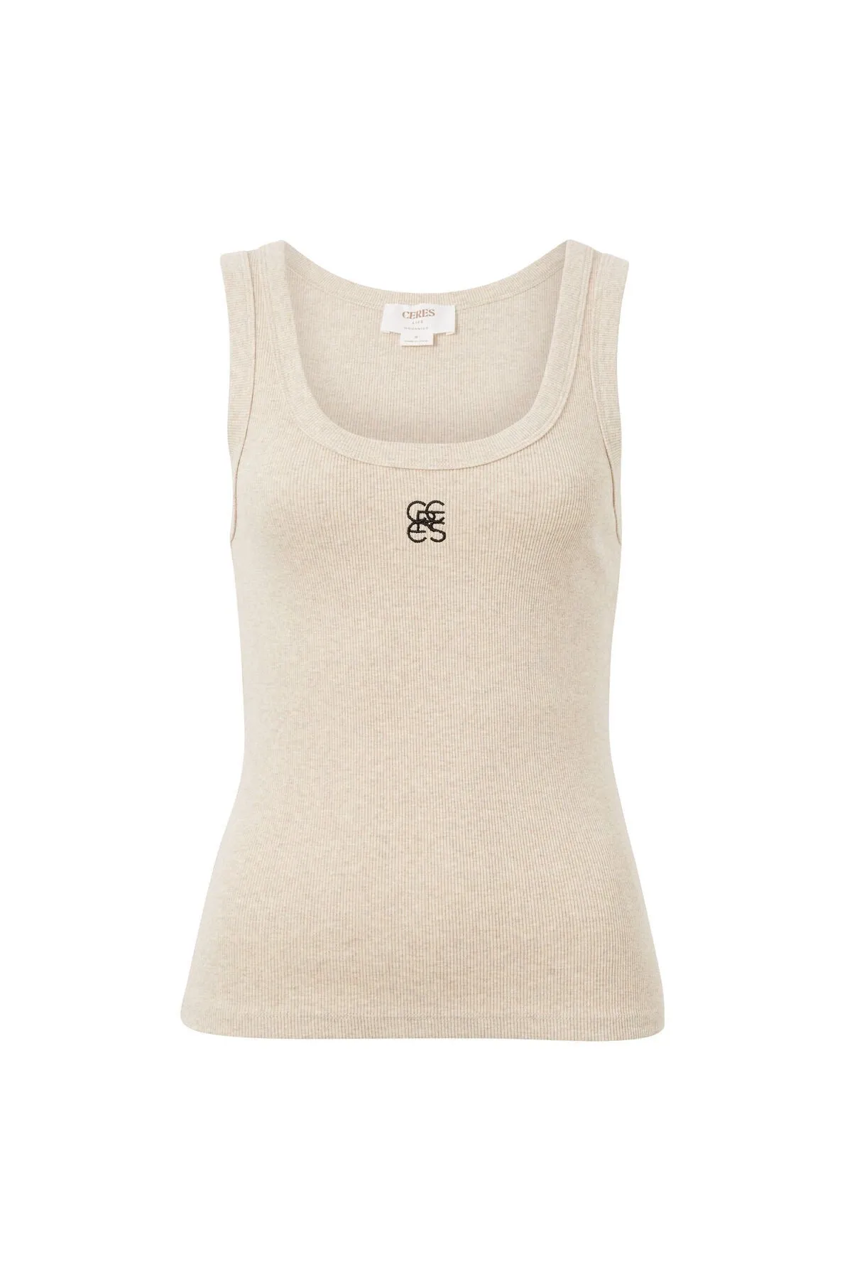 Ceres Life - Contour Rib Scoop Tank - OATMEAL/BLACK Monogram Embroidery