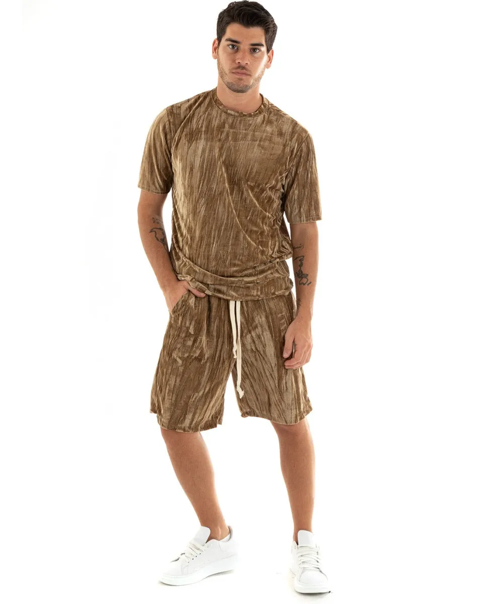 Completo Set Coordinato Uomo Ciniglia T-Shirt Bermuda Outfit Camel GIOSAL-OU2362A