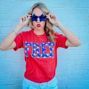 {FREE} Red   Blue Glitter Stars Red Crew Neck Tee