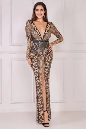 Goddiva Geometric Sequin Plunge Maxi Dress