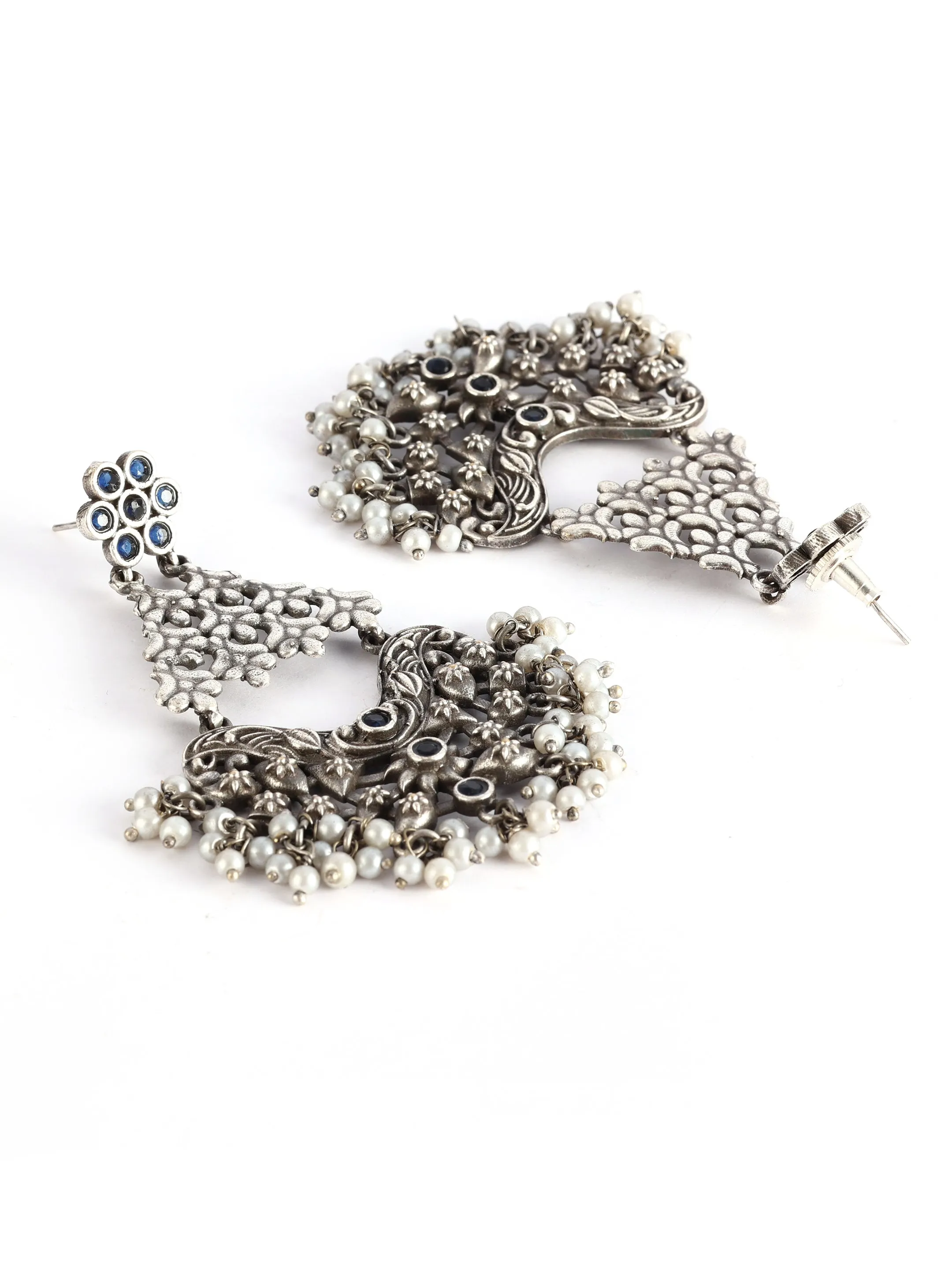 Ishin Oxidised Silver Plated Beads & Stones Drop Earrings