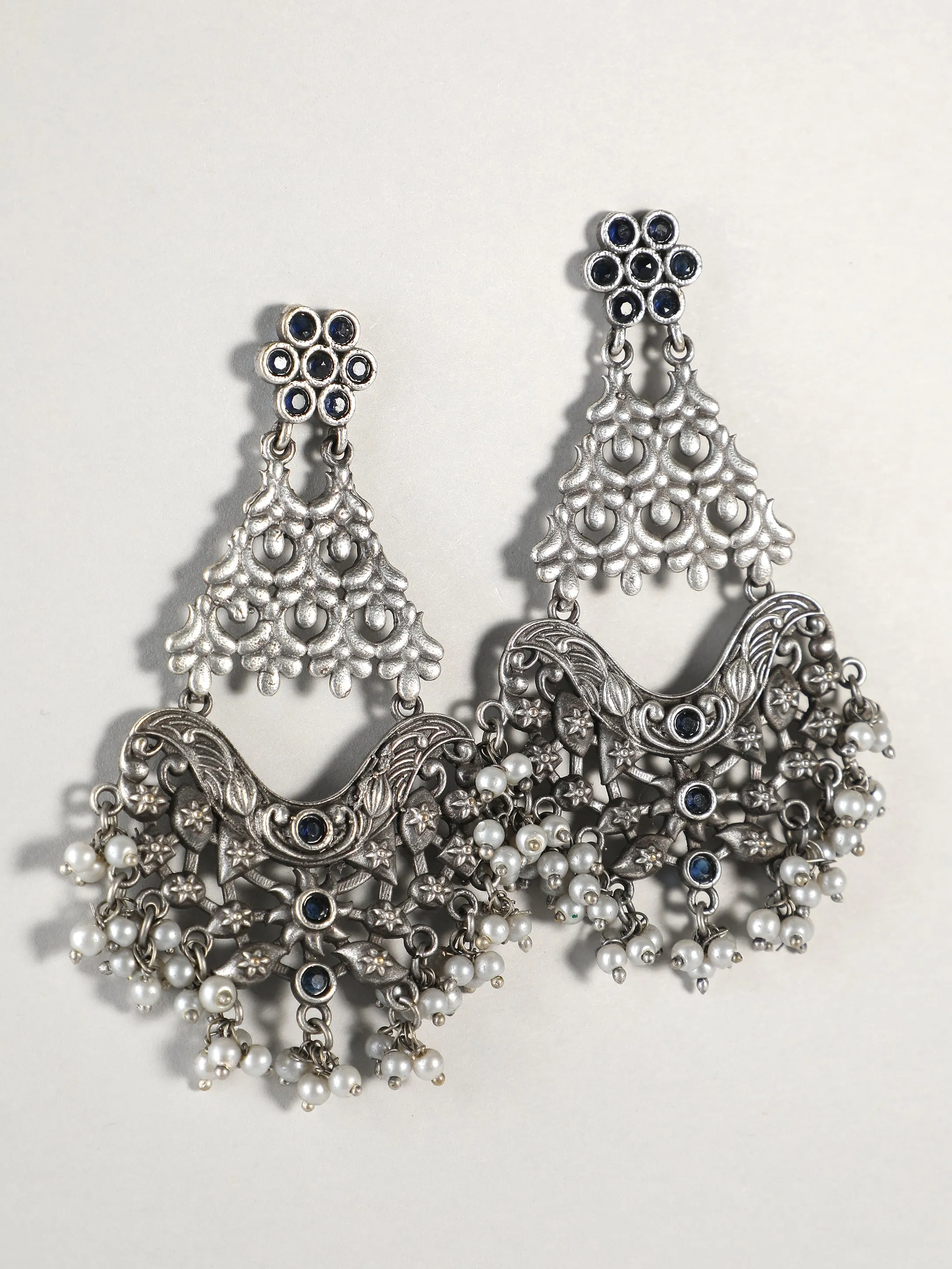 Ishin Oxidised Silver Plated Beads & Stones Drop Earrings