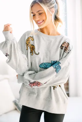 Live For Love Heather Gray Sequin Tiger Pullover