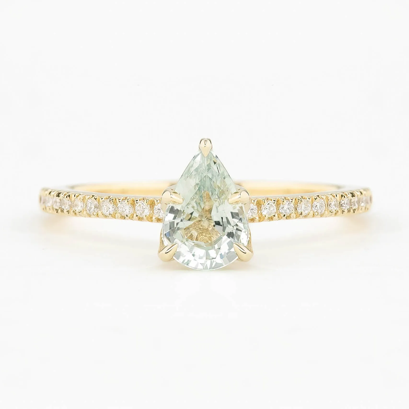 Maria Ring 1.17ct Pear Cut Light Green Madagascar Sapphire, 14k Yellow Gold (One of a kind)