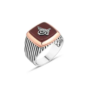 Tughra on Red Square Agate Stone Silver Men's Ring with Stripe Pattern