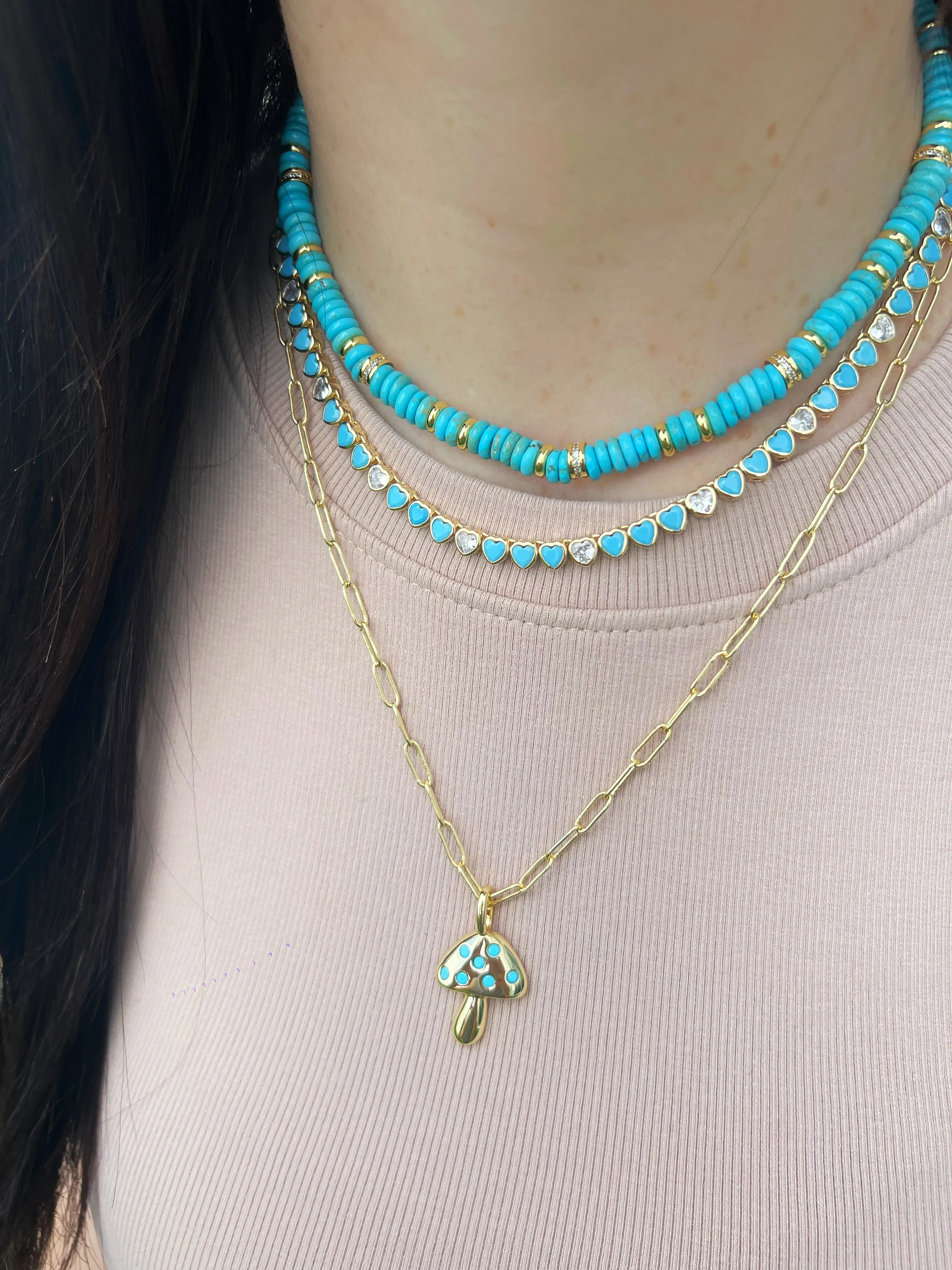 Turquoise Bezel Heart Tennis Necklace